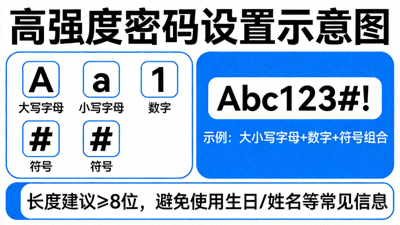高强度密码设置示意图，包含大小写字母数字符号组合与密码强度指示条
