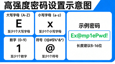 高强度密码设置示意图，包含大小写字母数字符号组合