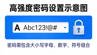 高强度密码设置示意图，包含大小写字母数字符号组合与锁图标