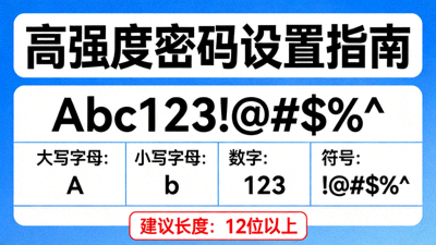 高强度密码设置示意图，包含大小写字母数字符号组合，强调12位以上复杂密码