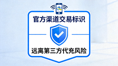 官方渠道交易标识，强调远离第三方代充风险，显示安全支付图标