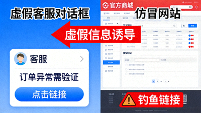 警惕钓鱼陷阱示意图，显示虚假客服对话框与仿冒网站对比