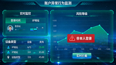 账户异常行为监测仪表盘，实时拦截非本人登录，显示地图与警报