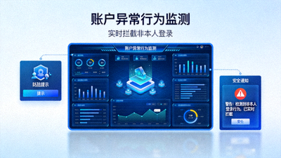 账户异常行为监测仪表盘，实时拦截非本人登录，显示安全通知