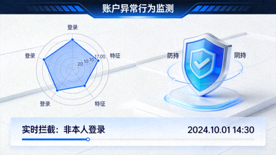 账户异常行为监测仪表盘，实时拦截非本人登录，显示雷达与盾牌图标