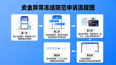 资金异常冻结防范流程图，展示申诉步骤与官方客服通道