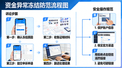 资金异常冻结防范流程图，展示申诉步骤与安全操作规范