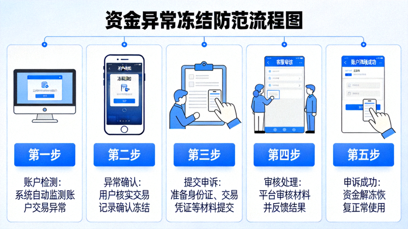 资金异常冻结防范流程图，展示从账户检测到申诉成功的完整步骤