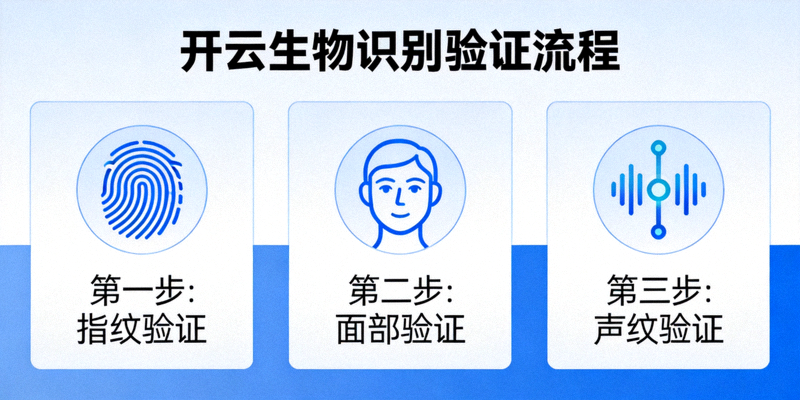 开云生物识别验证流程示意图，包含指纹、面部和声纹图标