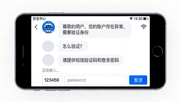 虚假客服对话框截图，骗子索要短信验证码和密码