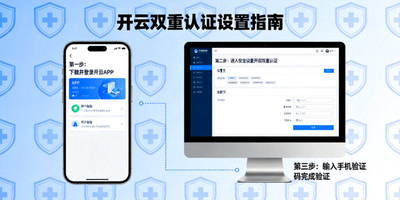 开云双重认证设置指南示意图，手机与电脑屏幕显示验证步骤，背景有盾牌安全图标