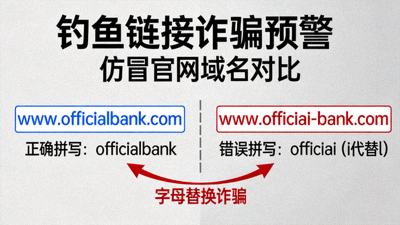 钓鱼链接诈骗预警，展示仿冒官网域名对比