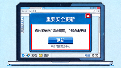 恶意软件诈骗预警，显示虚假安全更新弹窗