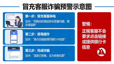 冒充客服诈骗预警示意图，展示虚假退款话术