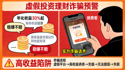 虚假投资理财诈骗预警图，显示高收益陷阱