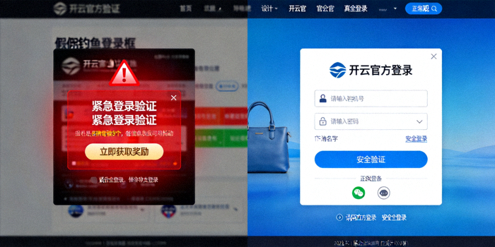 钓鱼页面案例对比图，左侧为虚假登录框，右侧为开云官方真实界面