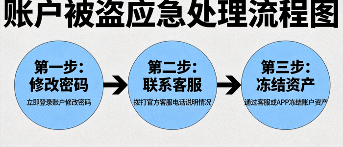 账户被盗应急处理流程图，展示修改密码、联系客服、冻结资产步骤