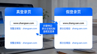 仿冒登录页识别示意图，展示真假网址域名对比