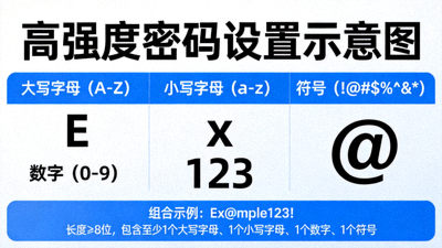 高强度密码设置示意图，含大小写字母、数字与符号组合