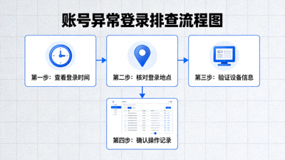 账号异常登录排查流程图，展示登录记录核对步骤