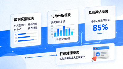 账号异常行为监测系统示意图，实时拦截非本人登录操作